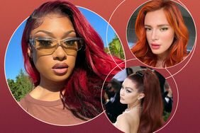 megan thee stallion, gigi hadid, and bella thorne with red hair in graphic design circles