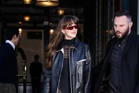 Dakota Johnson sheer dress leather jacket