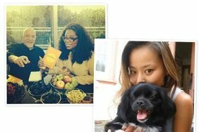 Oprah visits Geneva and Jamie Chung with a dog.