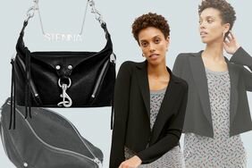 Collage of a model shown twice in a dress and jacket, and a purse shown twice. 
