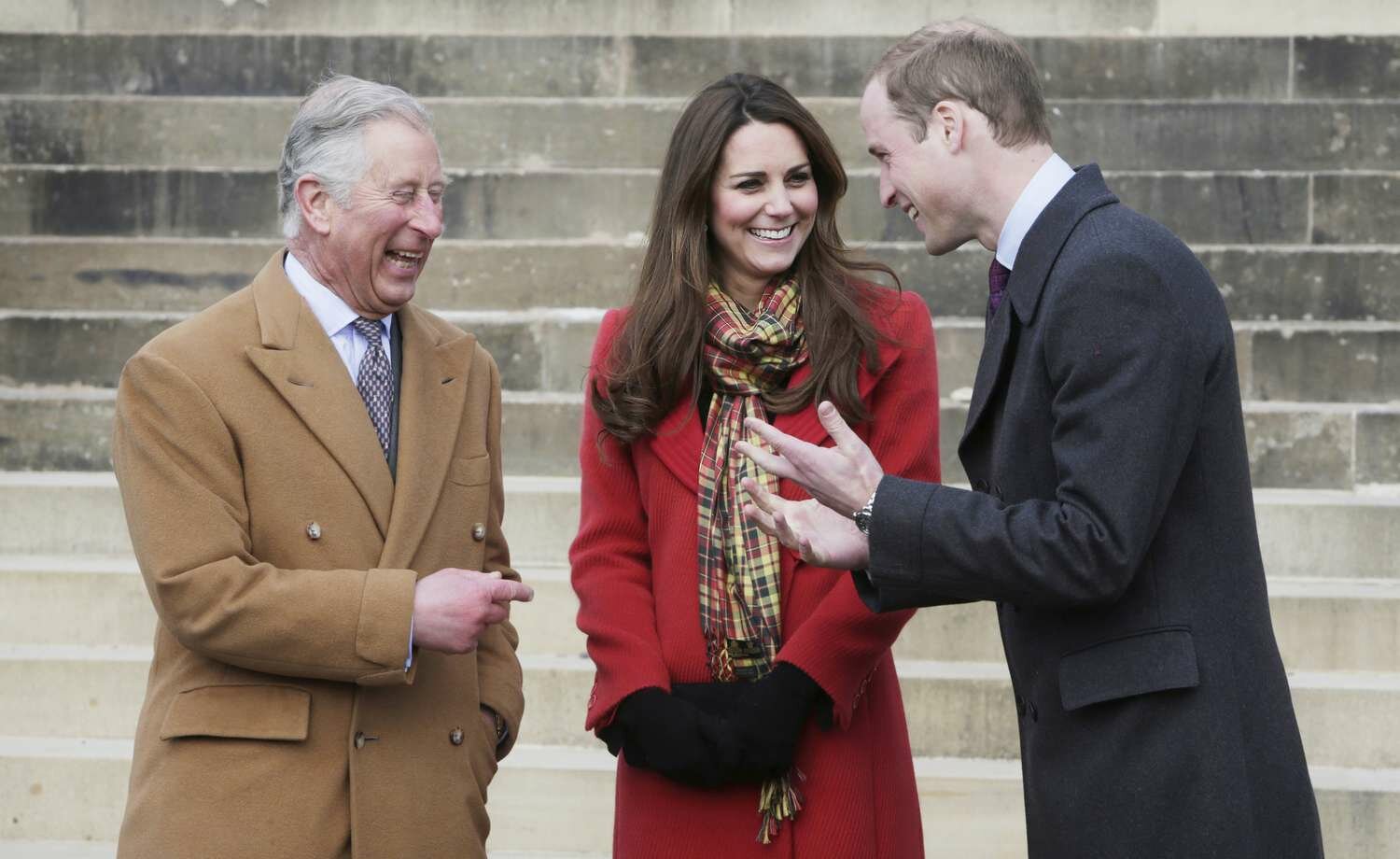 King Charles Laughing, Kate Middleton Smiling Red Coat and Scarf, Prince William Smiling 
