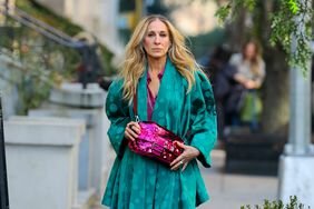 Carrie Bradshaw outfit of teal outerwear and sequined magenta bag