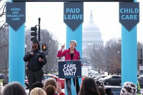 Senator Elizabeth Warren speaks at a rally for better care policies in Washington, D.C.