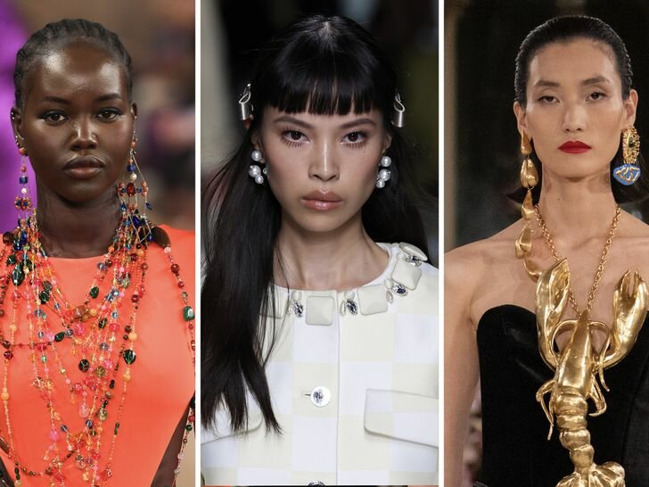 Models wearing Spring 2024's best jewelry trends walk the Ralph Lauren, Versace, and Schiaparelli runways.