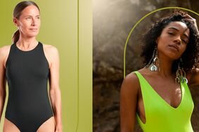 Two women wearing one-piece swimsuits on a green and brown background