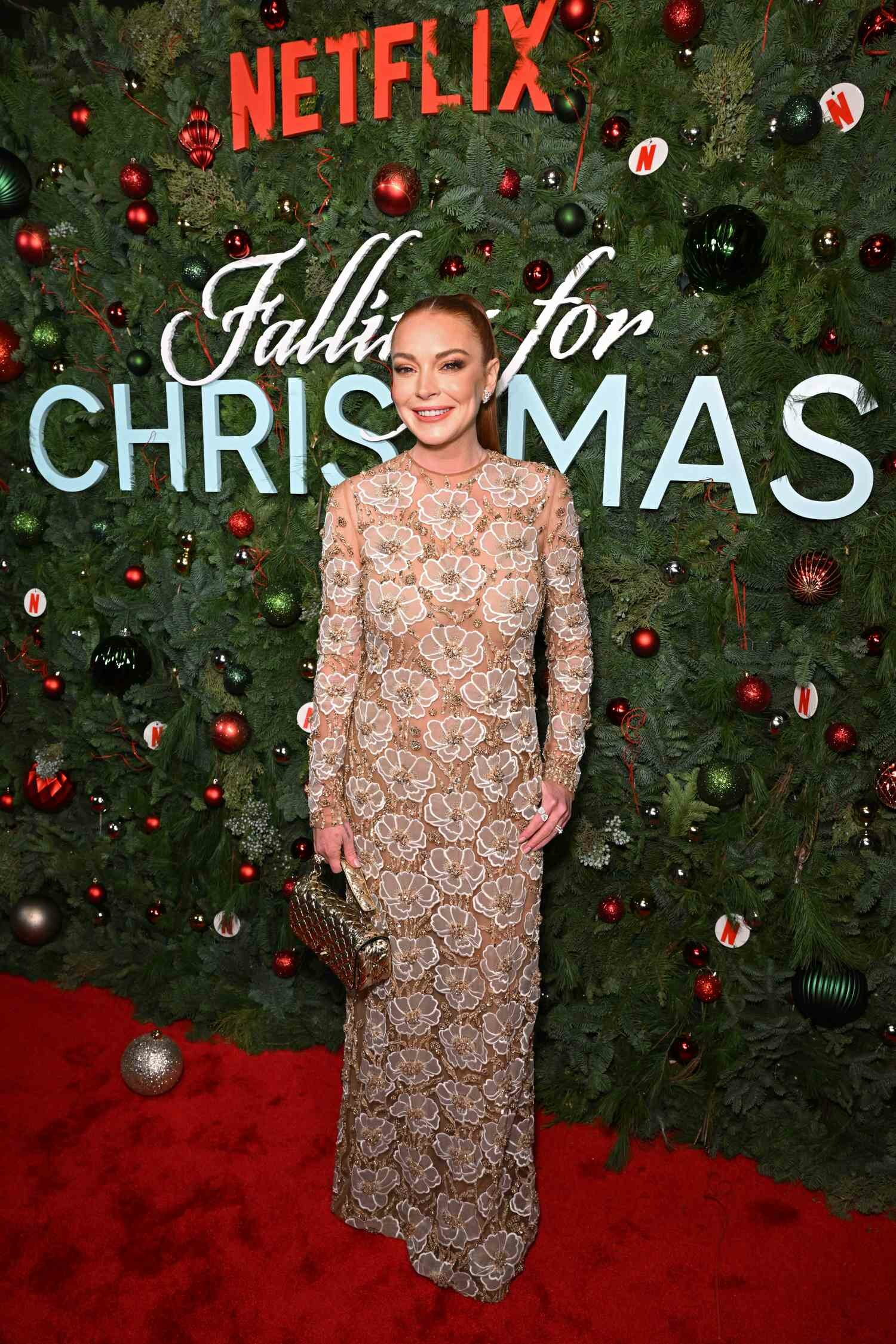 Lindsay Lohan Beaded Sheer Dress at Netflix's 'Falling for Christmas' Premiere 2022