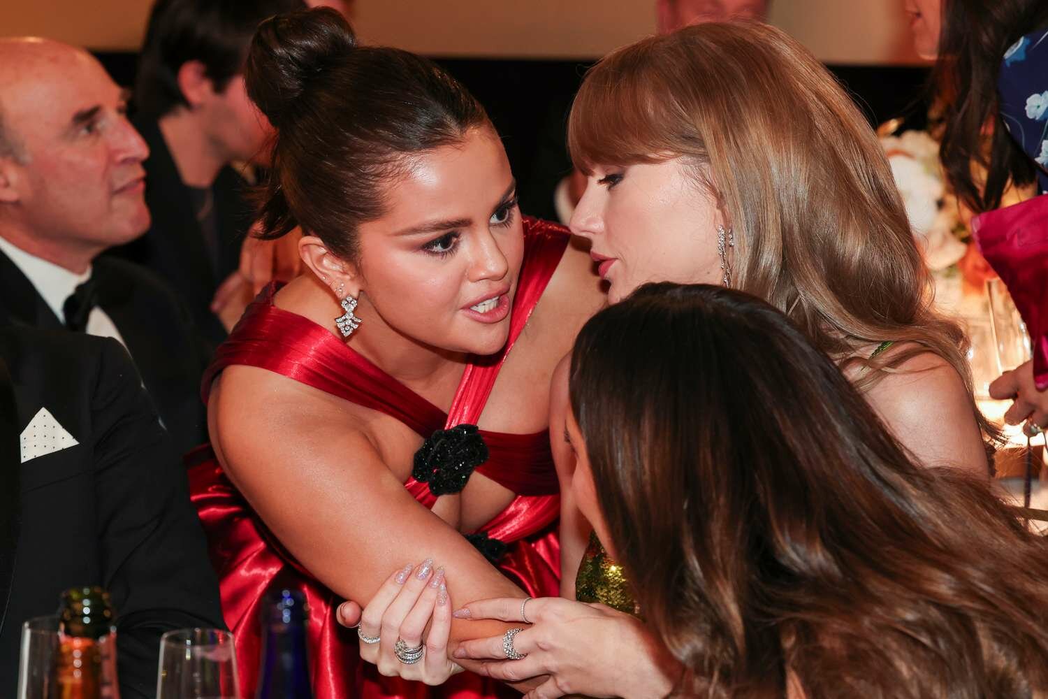 Selena Gomez Arms Around Taylor Swift Talking With Keleigh Sperry at 2024 Golden Globes Table
