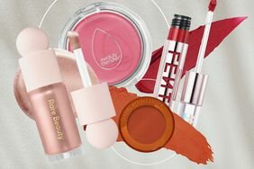InStyle Best Makeup Products _ makeup products in a collage on a gray background