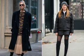 Two women wear winter skirt outfits featuring a tulle beige maxi skirt and a black quilted mini skirt.