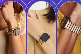 Various models wearing applewatch bands on a purple background