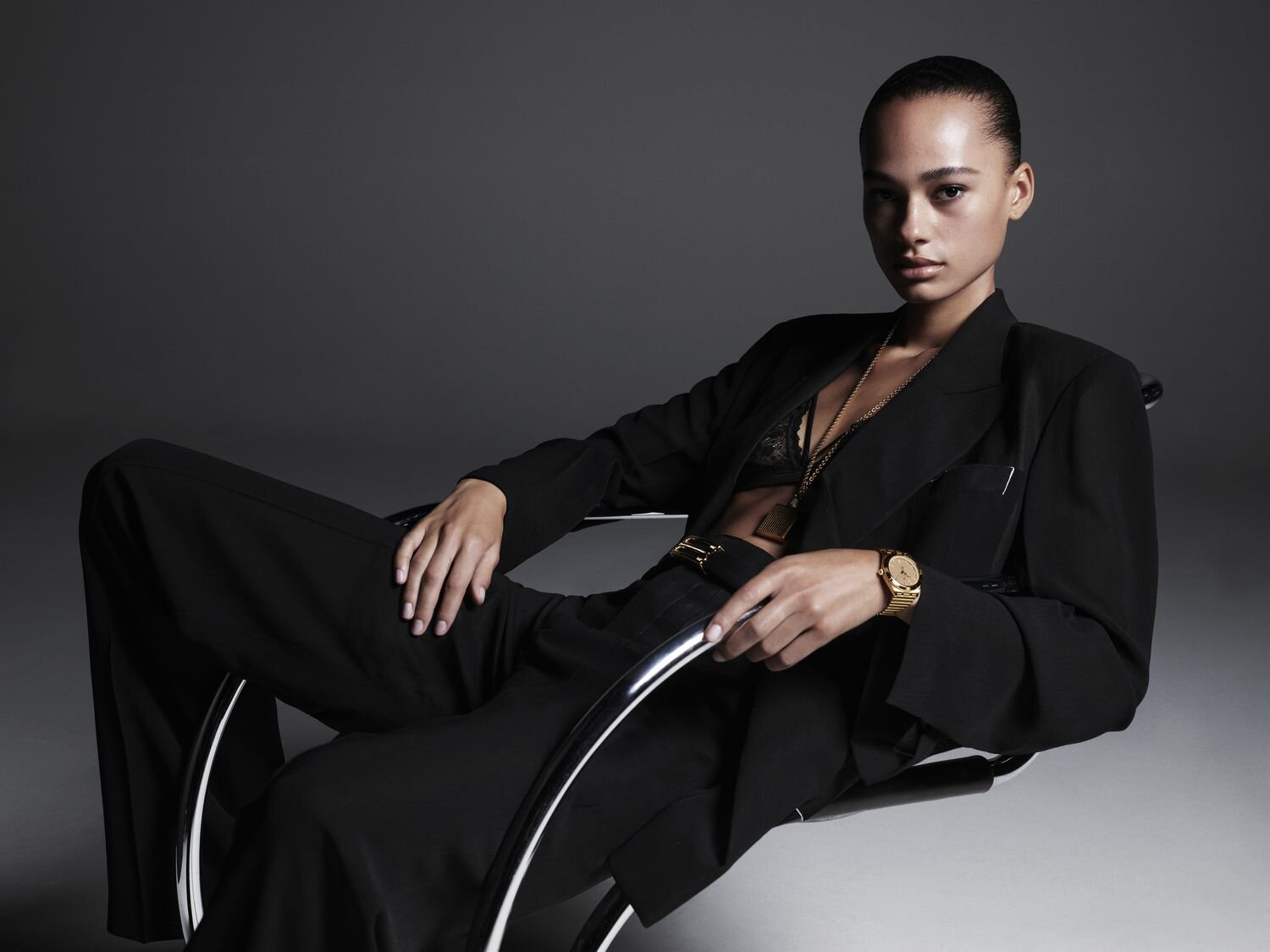A model wears a watch from the Chronomat 36 Victoria Beckham collection.