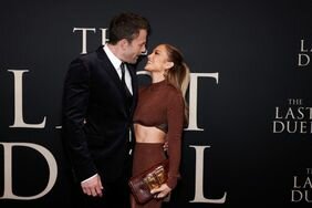 Jennifer Lopez Brown Two-Piece Smiling Looking Up at Ben Affleck 'The Last Duel'