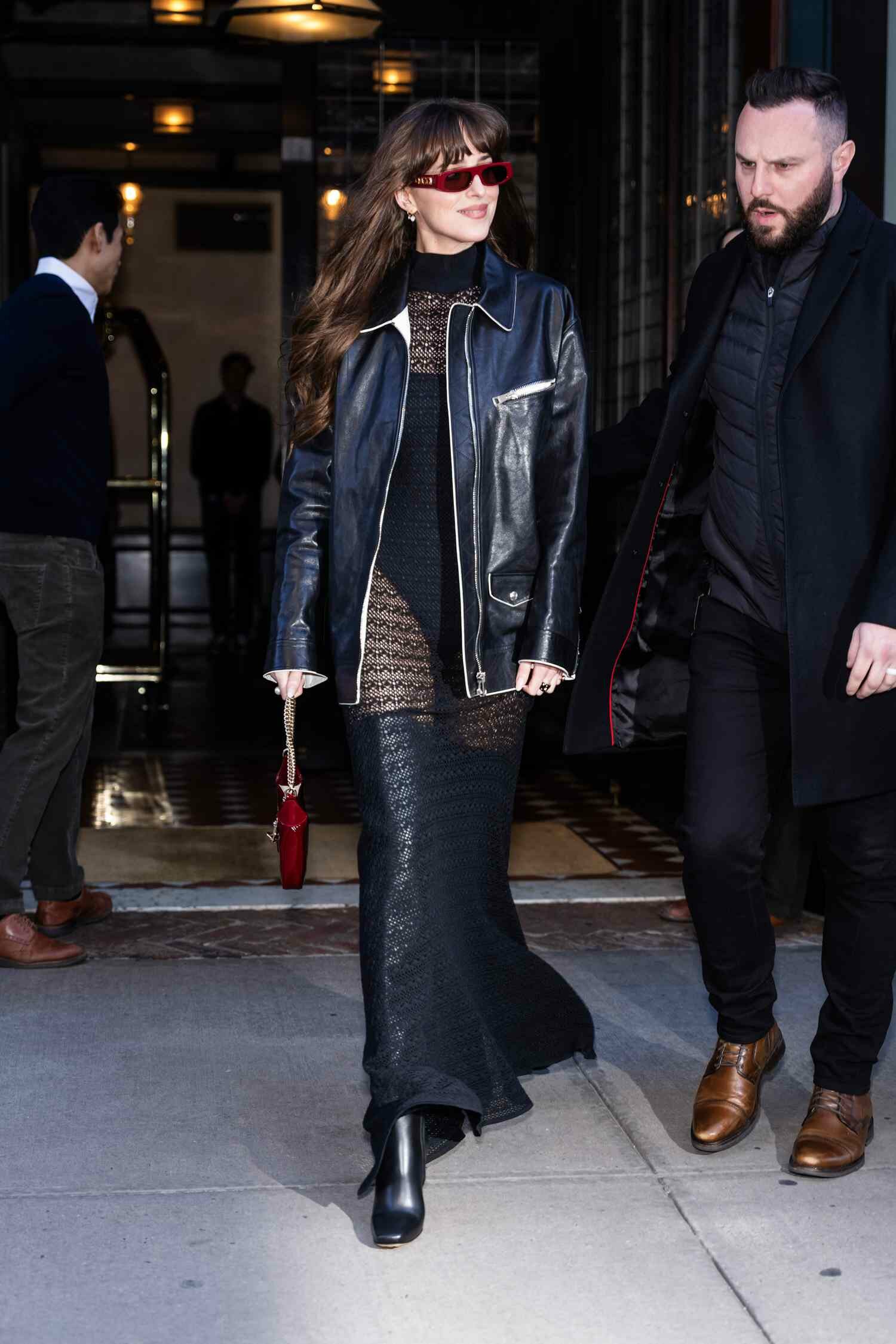 Dakota Johnson sheer dress leather jacket