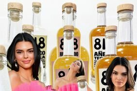 Photos of Kendall Jenner in a pink dress superimposed over bottles of her 818 Tequila