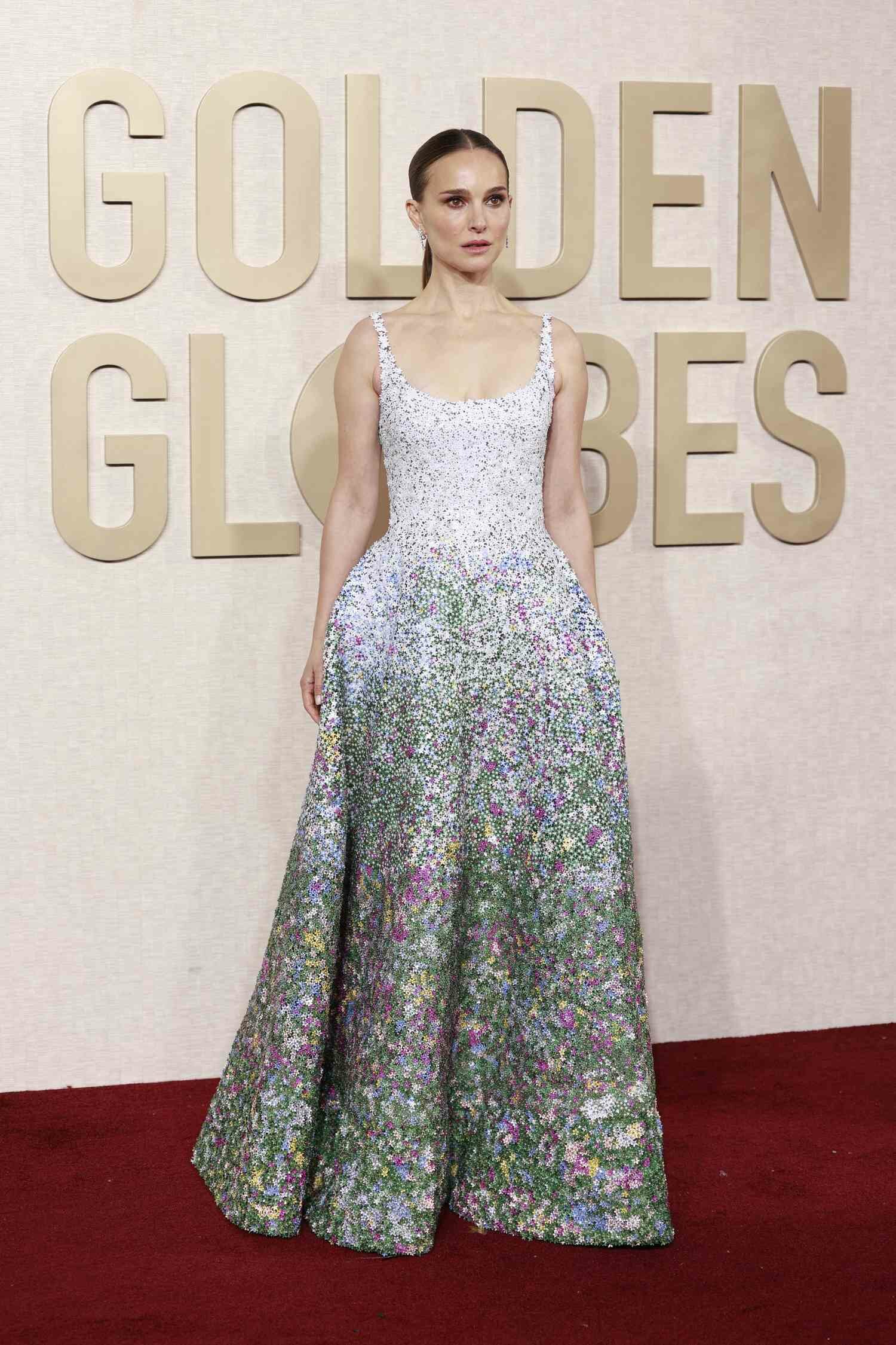 Natalie Portman arrives for the 81st annual Golden Globe Awards