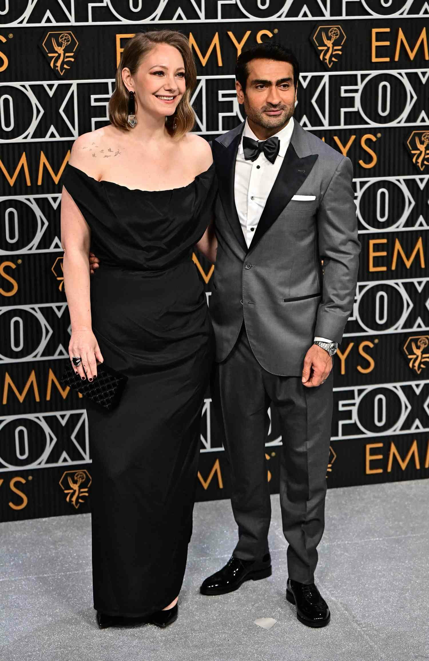 Kumail Nanjiani and his wife Emily V. Gordon on the 2024 Emmys red carpet
