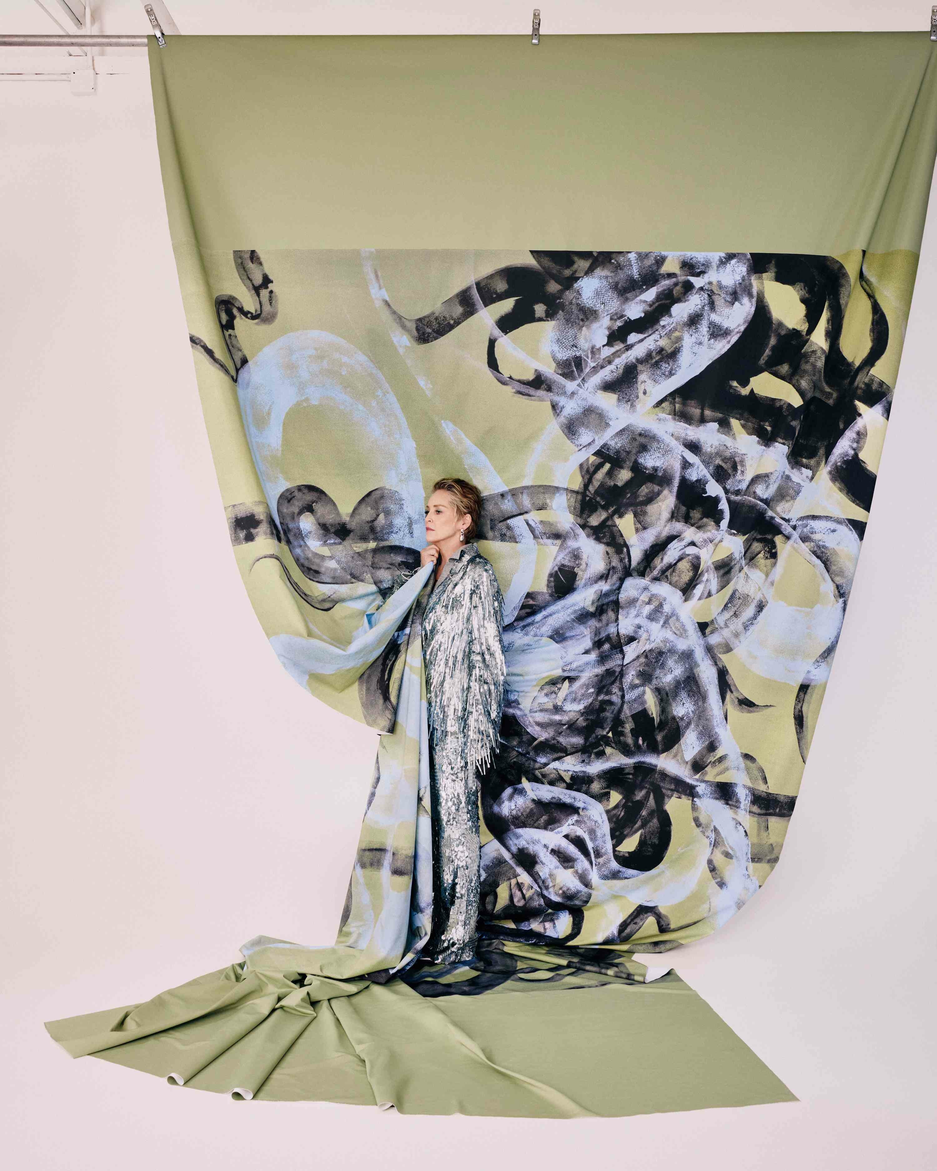 Sharon Stone Silver Frayed Suit tugging on painting backdrop