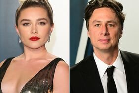 Florence Pugh with a sleek updo and red lipstick; Zach Braff in a suit