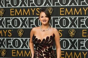 Selena Gomez Smiling Oxblood Dress and Lips 2024 Emmys