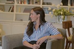 Meghan Markle Visiting the Fisher House Foundation in Blue-and-White Striped Button Up and Princess Diana's Cartier Watch
