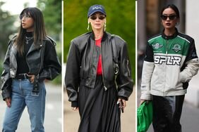Three women wear black leather jacket styles for women to try in 2024.