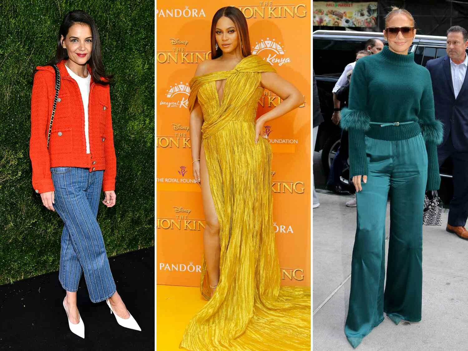 katie holmes, beyonce, and jennifer lopez in colored outfits suited to warm skin tones