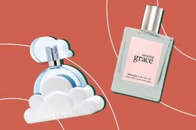 Two of the best affordable fragrances on a colored pattern background