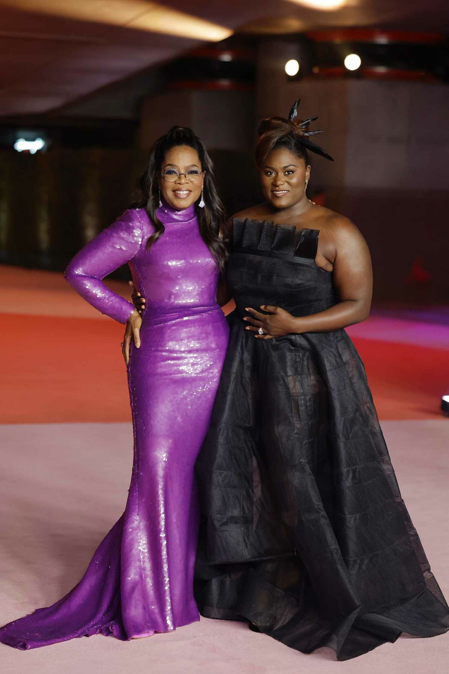 Oprah Winfrey Purple Dress Hand on Hip Danielle Brooks Black Ballgown 2023 Academy Museum of Motion Pictures Gala