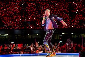 Chris Martin of the band Coldplay perform at Stadio Diego Armando Maradona on June 21, 2023 in Naples