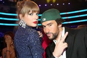 taylor swift and bad bunny pose together at the grammys