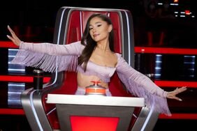 Ariana Grande Sitting in Her Season 21 'The Voice' Chair in a Purple Fringe Top and Skirt 