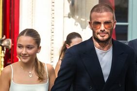 ruz Beckham, Harper Beckham and David Beckham are seen on September 29, 2023 in Paris, France