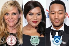 Reese Witherspoon, Mindy Kaling, and John Legend in photo collage with college emblems