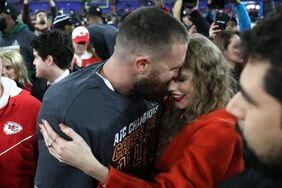 Travis Kelce Kissing Taylor Swift's Face on Field after AFC Championship Between Kansas City Chiefs and Baltimore Ravens