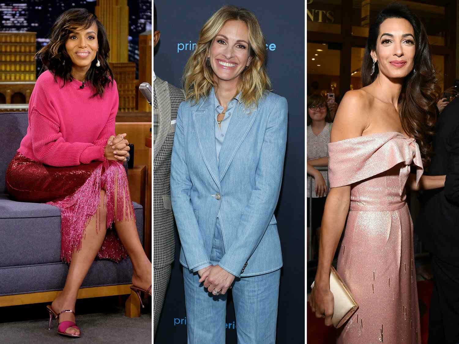 kerry washington, julia roberts, amal clooney in colored outfits for neutral skin tones