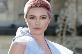 Florence Pugh Valentino Haute Couture Fall/Winter 2023/2024 Paris Fashion Week Sheer Lilac Dress and Pink Buzzcut