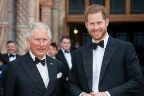Prince Harry and King Charles in Tuxes Smiling at "Our Planet" premiere Natural History Museum London