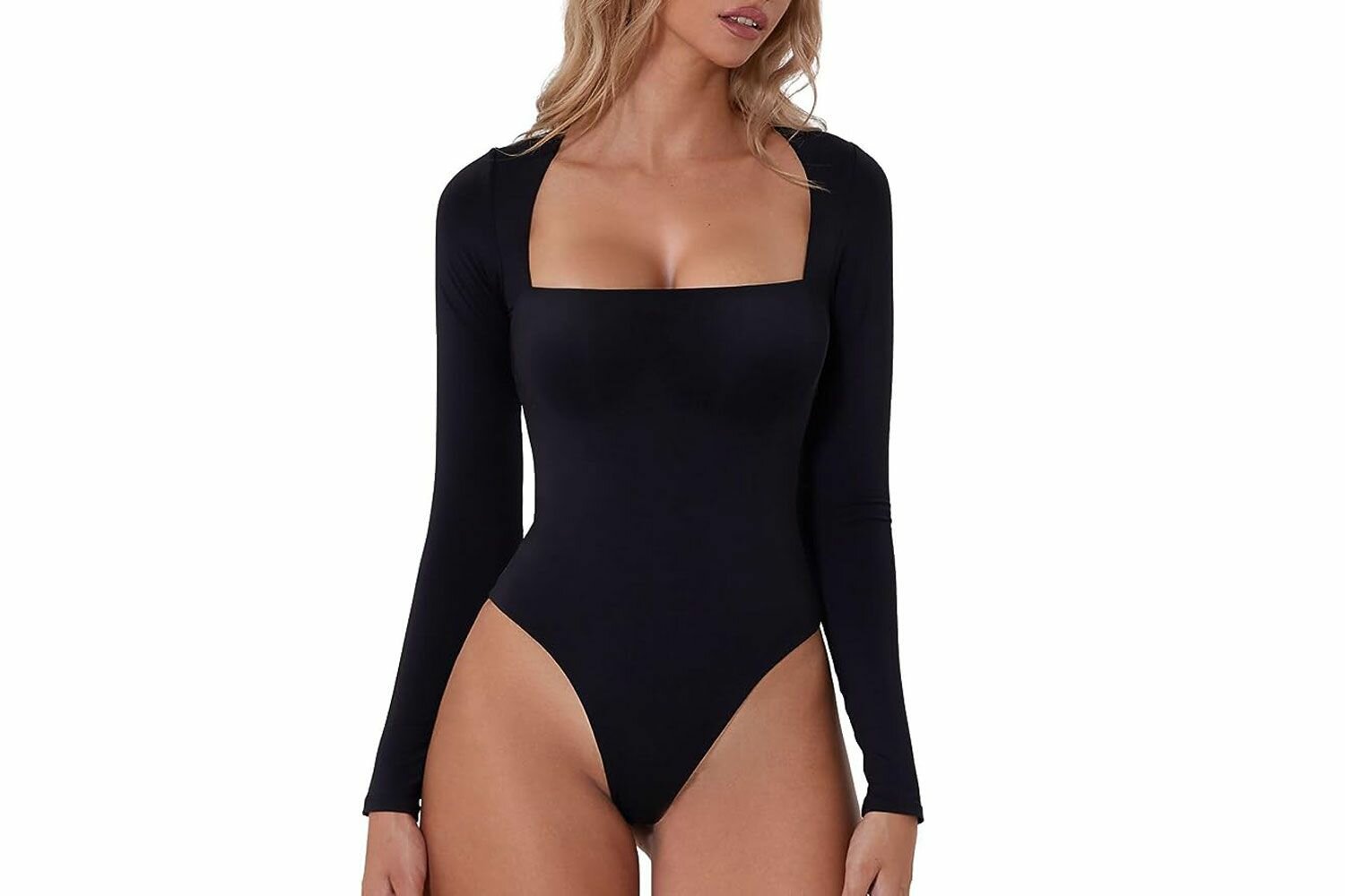 Amazon QINSEN Women's Sexy Square Neck Bodysuit Long Sleeve Double