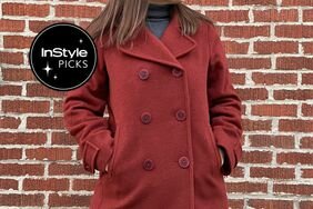 A person wears a red L.L. Bean Classic Lambswool Peacoat
